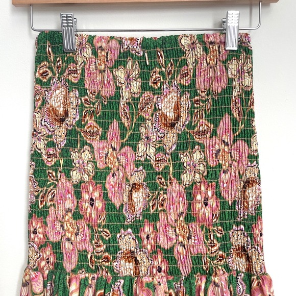 MISA Los Angeles Smocked Floral Convertible Dress Skirt Green Pink S - Picture 7 of 8
